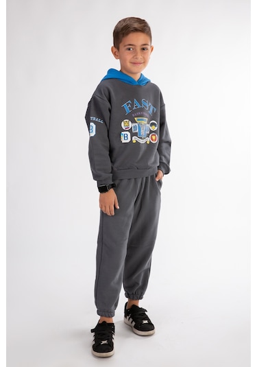 Erkek Çocuk Baskılı Kapşonlu Eşofman Takımı Koyu Gri