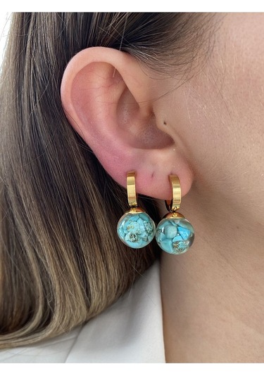 Mavi Taşlı Yuvarlak Sallantılı Çelik Kararmaz Gold Kaplama Küpe Ç