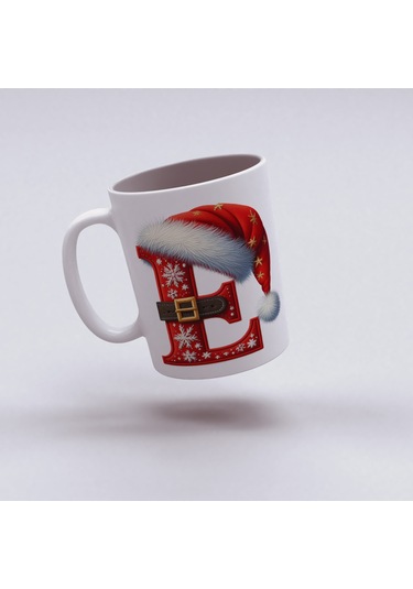 E Harfi Yılbaşı Temalı Bardak 330 Ml Harfli Kişiye Özel Hediye - Yeniyıl / Noel Şapka Tasarım Beyaz