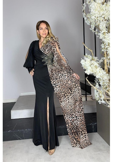Ges Moda G1296 Leopar Detaylı Tasarım Abiye Elbise Siyah Siyah