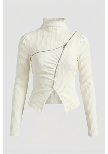 Itsbasic Kadın Beyaz W5 Asimetrik Kesim Fermuar Detaylı Özel Tasarım Crop Top