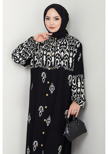 Çilay Düğmeli Dokuma Viskon Elbise 1561 - Siyah Siyah