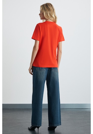 GRIMELANGE Alıne Kadın %100 Organik Pamuk Derin V Yakalı Comfort Fit Kırmızı T-shirt Kırmızı