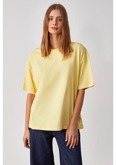 LAGERTHA Kadın %100 organik Pamuklu Kalın Dokulu Oversize Fit Yuvarlak Yakalı Sarı T-Shirt