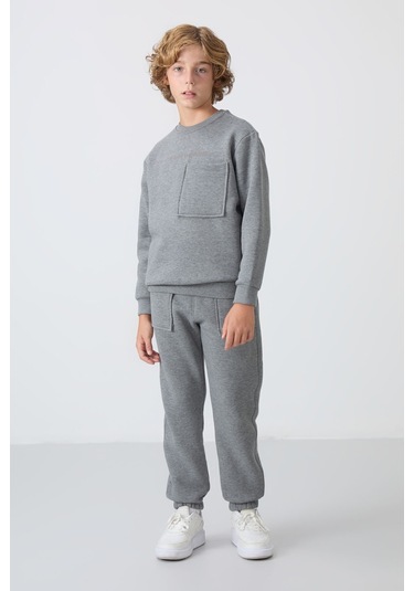 Gri Melanj Pamuklu Kalın İçi Tüylü Yumuşak Dokulu Standart Fit Baskılı Erkek Çocuk Eşofman Takım - 11257 Gri Melanj