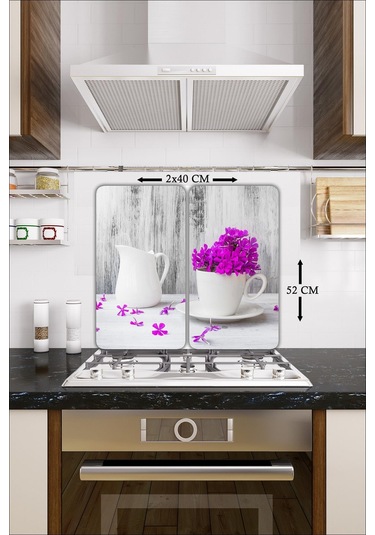 Cam Ocak Koruyucu ve Kesim Tablası Mor Çiçek  80Cm X 52Cm 2 Par