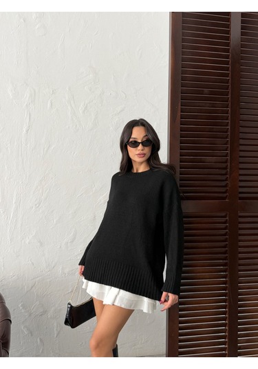 Kadın Yumuşak Dokulu Bisiklet Yaka Oversize Basic Triko Kazak Siyah