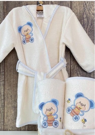 Ayıcık Bebek Bornoz Seti 0-3 Yaş Mavi Mavi