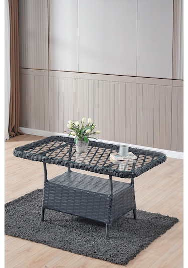 Roma Rattan Bahçe Balkon Takımı 2+1+1 Cam Masalı Antrasit