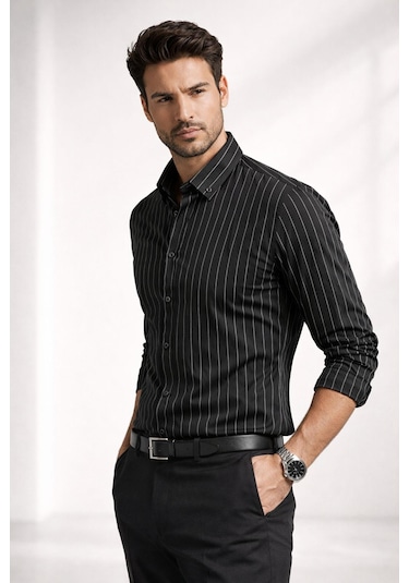Classics Men Jet Polo Uzun Kol Slim Fit Erkek Çizgili Gömlek - 7574 Siyah
