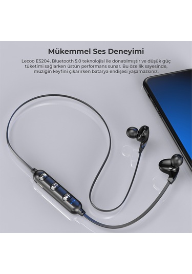 Lecoo ES204 Boyun Bantlı Kablosuz Bluetooth 5.0 Mikrofonlu Kulak İçi Kulaklık