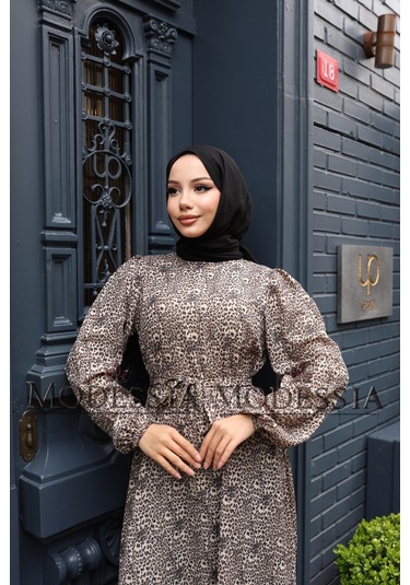 Kadın Açık Kahve Saten Leopar Belden Kuşaklı Uzun Tesettür Elbise S9567 Açık Kahve Açık Kahverengi