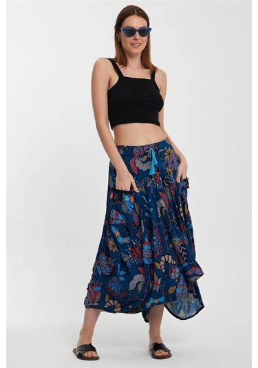 Schık Kadın Viskon Empirme Çiçek Baskı Bohem Stil Cepli Bel Lastikli Etek Lacivert