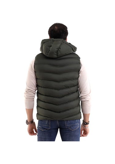 Everest Jel Dolgu Çıkartılabilen Fermuarlı Kapüşonlu Erkek Şişme Yelek Haki