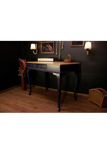 Wooding 120 Cm Masif Naturel Lacivert Oymalı Çalışma Masası