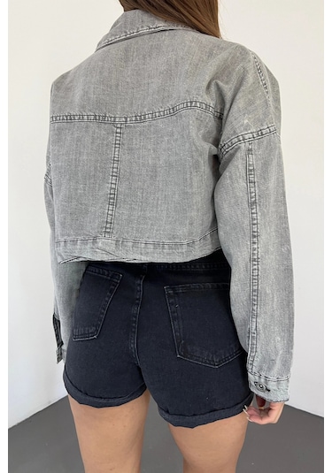 Gri Çift Cepli Fermuarlı Yıkamalı Crop Denim Ceket Bcdf-235410 Çok Renkli