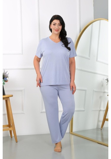 Akbeniz Kadın Büyük Beden Kısa Kol Penye Pijama Takımı Lila 202405-lila Lila