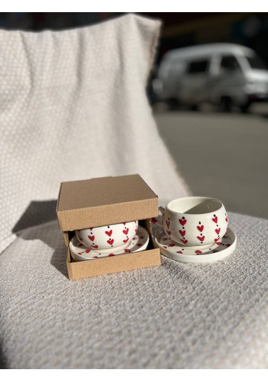 El Yapımı Seramik Kupa, Mug, Türk Kahvesi Bardağı Kalp Desenli