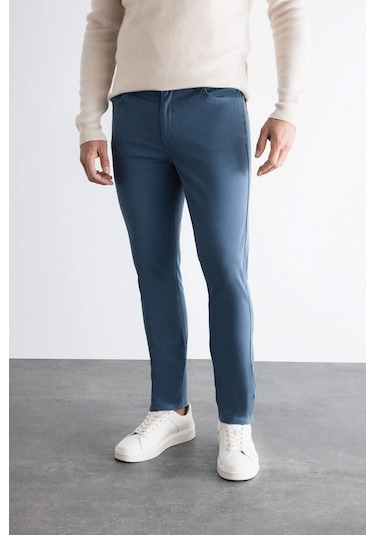 Defacto Chino Kanvas Pantolon Slim Fit Dar Kesim Pamuklu Esnek Dar Paça C9441AX24AUIN264 İndigo