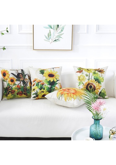 Reedark Çiçek Desenli Keten Yastık Kılıfı - Ayçiçeği Baskılı Ev Ofis Dekorasyonu, 45x45 Cm Diğer