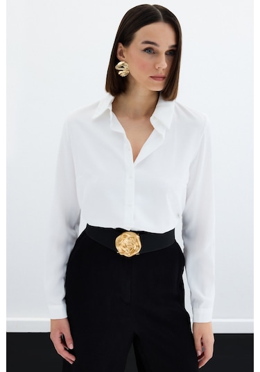 Sateen Düz Klasik Gömlek - Ekru-122325 Ekru