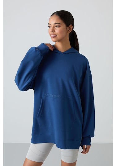 Tommy Life Parlament Balon Kol Yazı Nakışlı Kadın Oversize Tunik Sweatshirt - 97163 Parlament Mavisi