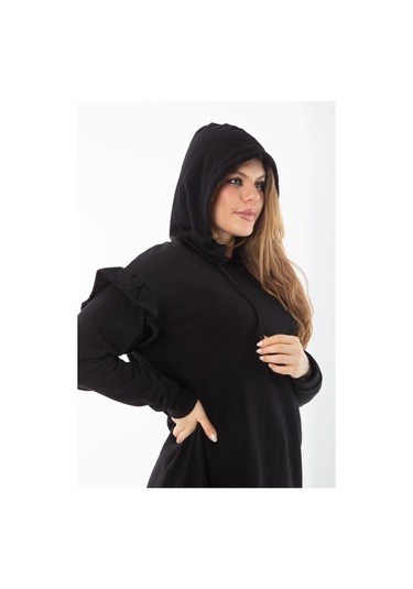 Kadın Büyük Beden Siyah İçi Şardonlu Üç İplik Kol Detaylı Kapşonlu Sweatshirt 65n37299-siyah Siyah