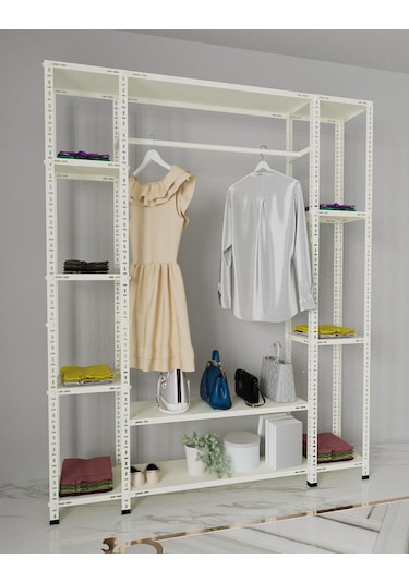 Rafburada® Krem Renk Metal Açık Gardırop 31x155x200 Kırık Beyaz