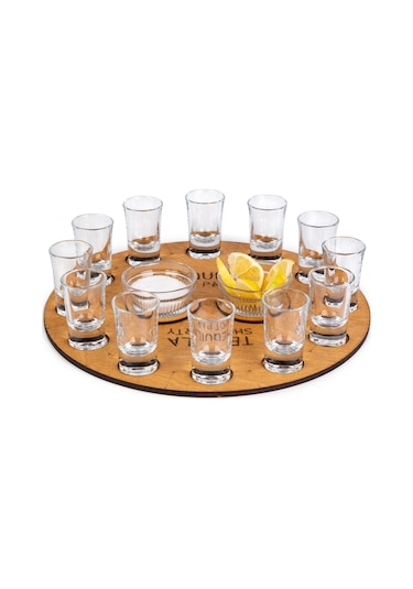 12 Tekila Bardağı. 2 Kase. Ahşap Tekila Tepsisi. Shot Set. Sunum