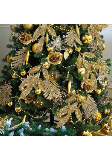 Xindoker 20 Adet Altın Zırhlı Zeytin Yaprağı, Noel Ağacı Ve Gül Decorasyonu İçin Yeşil Ve Parlak Tohum