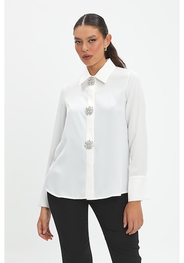 Kadın Taş Düğme Detaylı Gömlek -Ekru