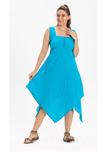 Kolsuz Şile Bezi Üçgen Katlı Midi Boy Elbise Turkuaz Trkz