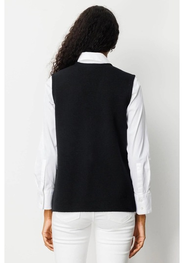 Desen Triko Kadın V Yaka Çelik Örgü Yün Anne Yelek 25044 Siyah Siyah