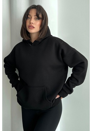 Kadın Siyah Do What Makes You Happy Baskılı Oversize Kapüşonlu Sweatshirt Siyah