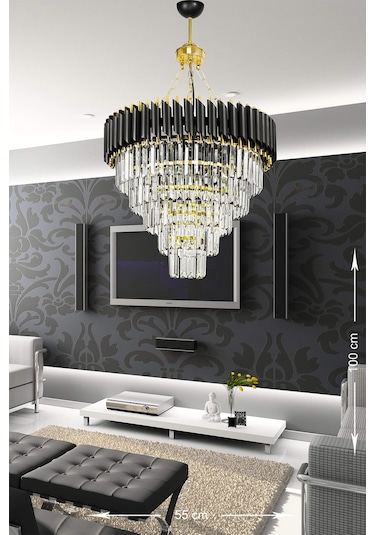 Avizemoda Palmira 55 Cm'Lik Kristal Taşlı Lüks Avize 5'Li - (Siyah-Gold)