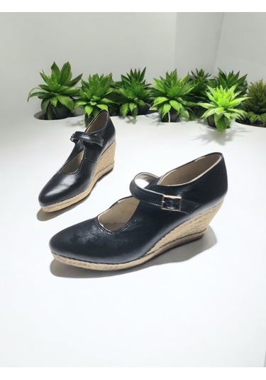 Dolgu Topuk Hasır Tokalı Balerin Espadril Siyah
