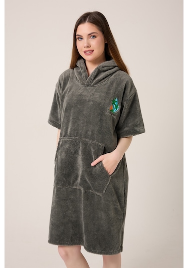 Palmiye Sörf Nakışlı Yetişkin Sörf Yazlık Panço Kapüşonlu Plaj Havlusu Antrasit Antrasit