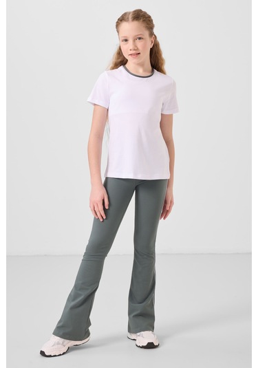 Beyaz-haki Pamuklu O Yaka Standart Fit Basic İspanyol Paça Kız Çocuk Tayt Takım - 75192 Beyaz