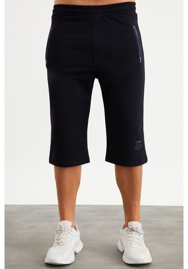 201762 Cep Nakış Detaylı Erkek Kapri-Lacivert