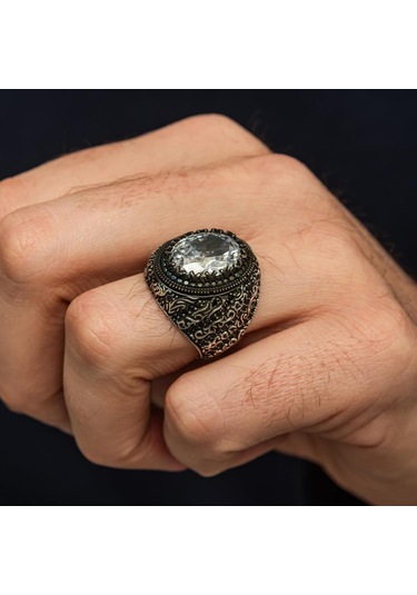 Oval Beyaz Zirkon Taşlı 925 Gümüş Erkek Yüzük Beyaz