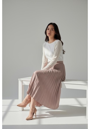 Pileli Pamuklu Dokuma Viskon Kışlık Etek 95 Cm - 38-48 Vizon