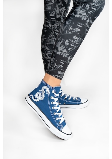 Kadın Baskılı Bilekli Keten Spor Ayakkabı Kot Mavisi Mavi