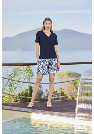 Monamise Kadın Etnik Desenli Kısa Kollu V Yaka Şort Takımı 25112 Lacivert
