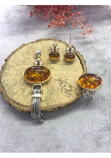 Kehribar Taşı Gümüş Set 925 Ayar