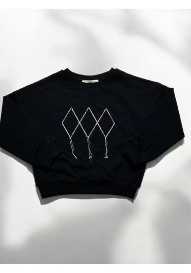 Kız Çocuk Mevsimlik Pamuklu İki İplik Zincirli Sweatshirt-15447 Siyah