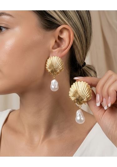 İstiridye Midye İnci Model Sallantılı Vintage Küpe Gold
