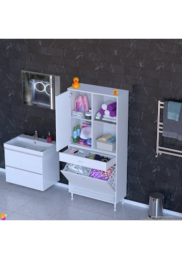 Modilayn Afra 70x173x32,5cm 1 Çekmece, 2 Göz Sepet, 1 Kapak, 4 Raf Dar Alan Banyo Dolabı Beyaz