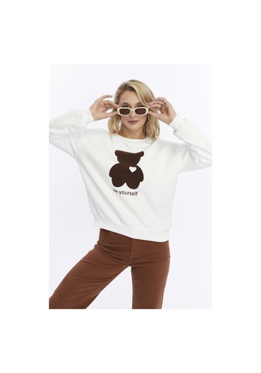 Kadife Be Yourself Desenli Ekru Yumuşak Dokulu Regular Fit Bisiklet Yaka Kadın Sweatshirt Ekru