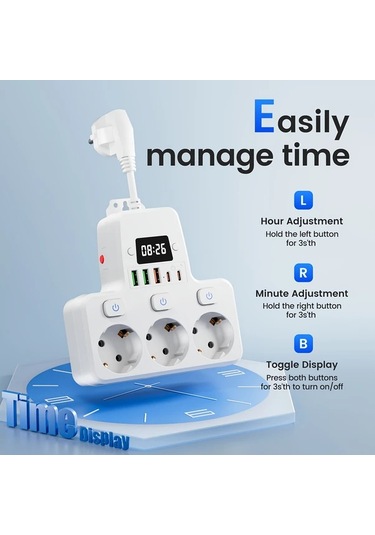 Xuweiwei 9lu 1 Arada Dijital Saatli Ayarlanabilir Zamanli Ab Guc Panosu Beyaz 3 Ac Priz 3 Usb 2 Tip C Portu Asiri Yuk Korumali Ev Ofis Seyahat Icin