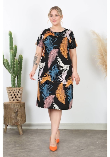 Kadın Turuncu Mavi Tüy Desen Midi Elbise Turuncu